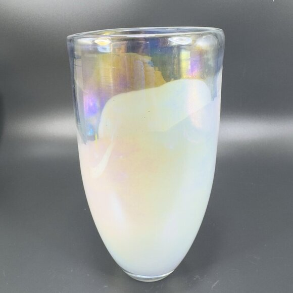 Heavy Art Glass Vase Vessel White Iridescent Finish Multicolor Glass Vase Decor - Picture 13 of 15